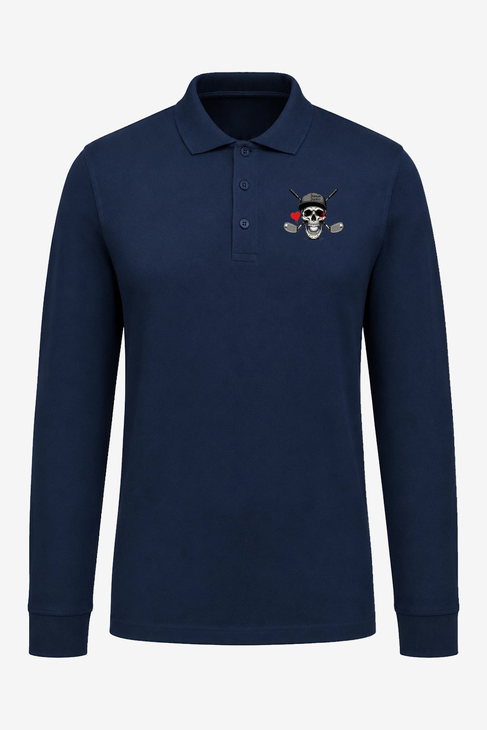 Polo de golf homme bleu marine manches longues, col boutonné et écusson crâne sur la poitrine.