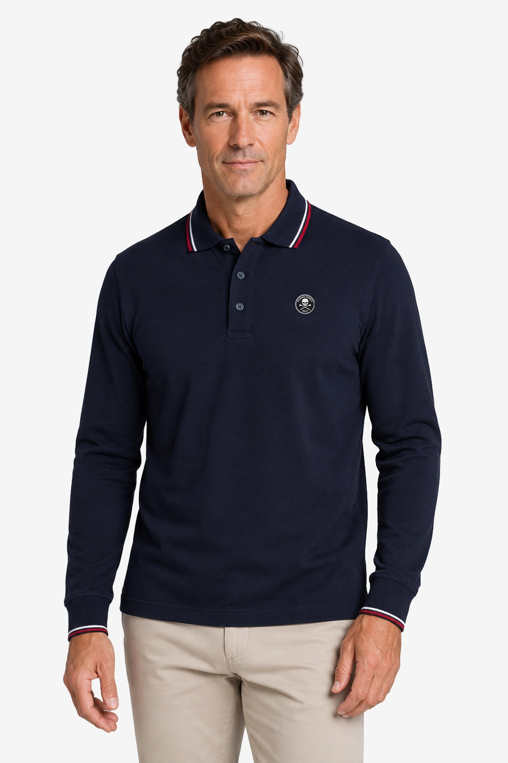 Polo golf homme bleu marine manches longues en coton, col liseré tricolore et écusson
