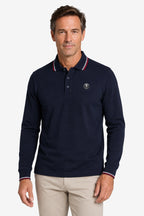 Polo golf homme bleu marine manches longues en coton, col liseré tricolore et écusson
