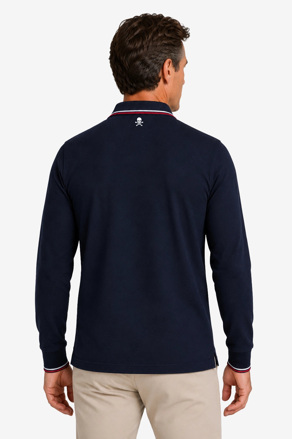 Polo manches longues coton bleu marine, col à liseré rouge et blanc, vue dos.