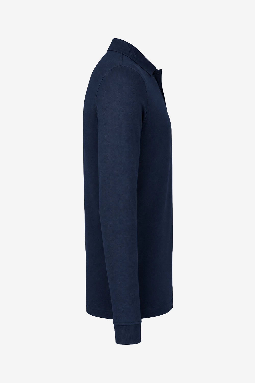 Polo manches longues en coton bleu marine, vue de profil, col et patte de boutons.
