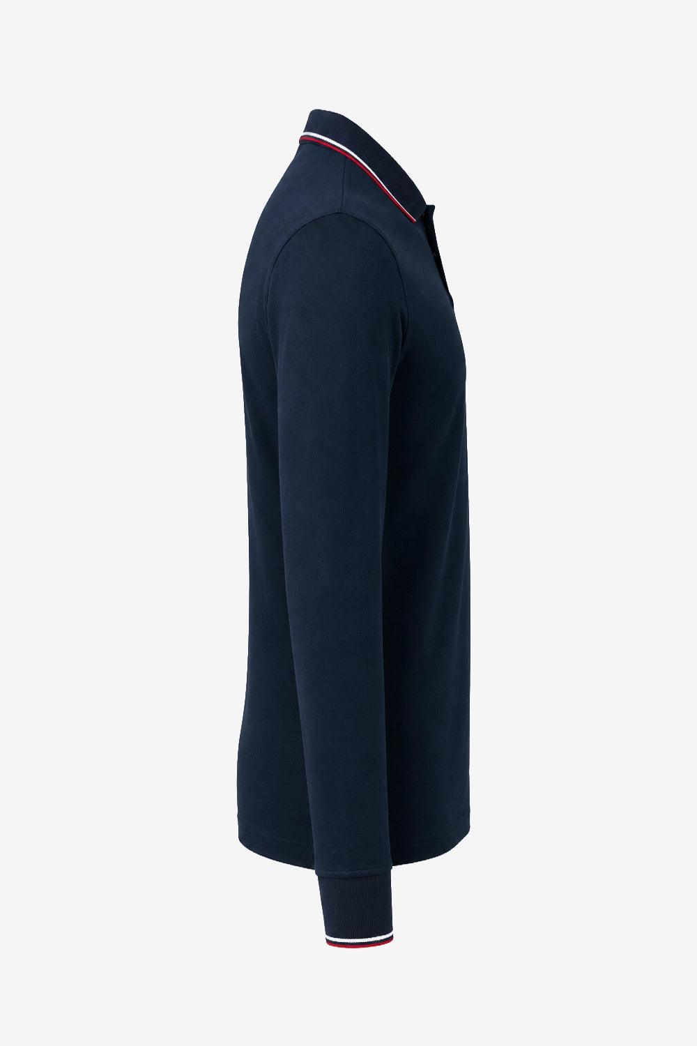 Polo manches longues coton bleu marine, liserés au col et poignets, vue de côté.
