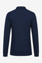 Polo manches longues en coton bleu marine, vue arrière, col et poignets côtelés.