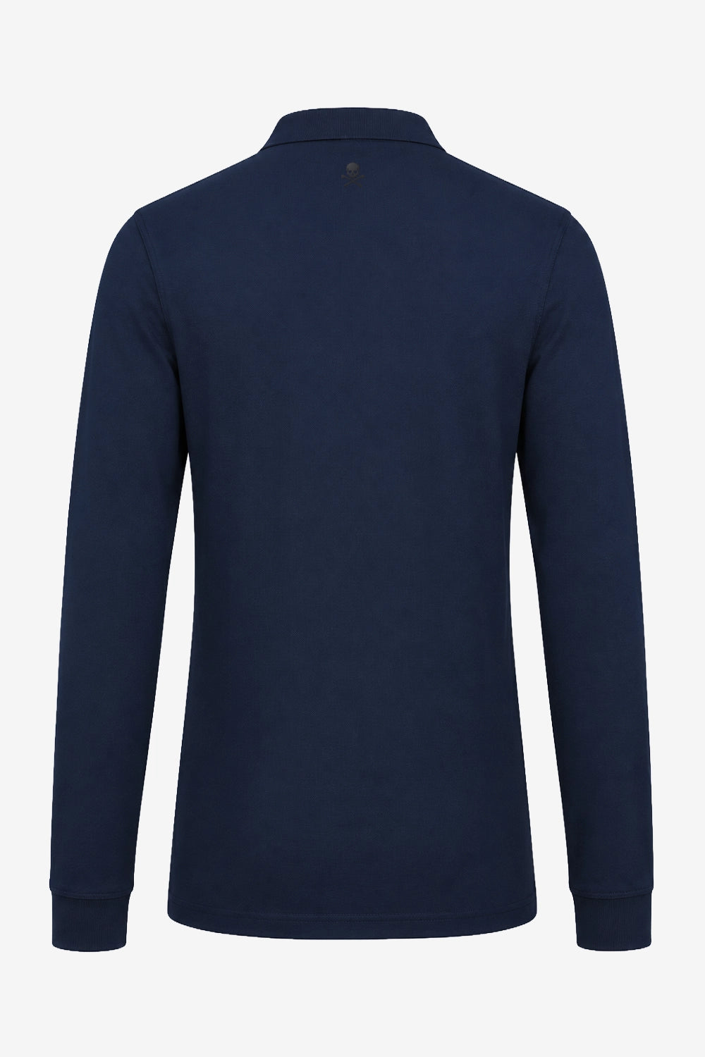 Polo manches longues en coton bleu marine, vue arrière, col et poignets côtelés.