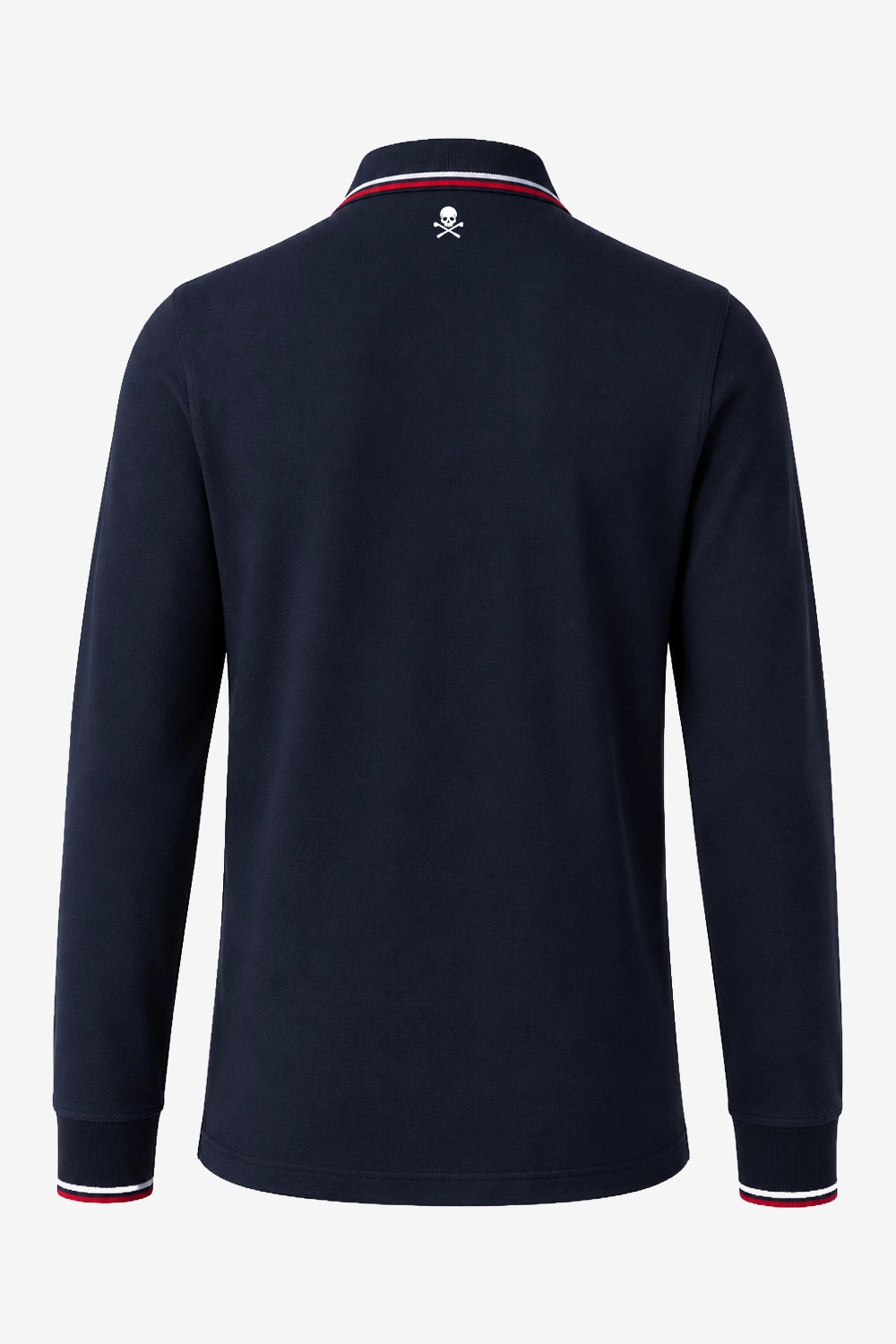 Polo manches longues coton bleu marine, col à liseré rouge et blanc, logo dos.