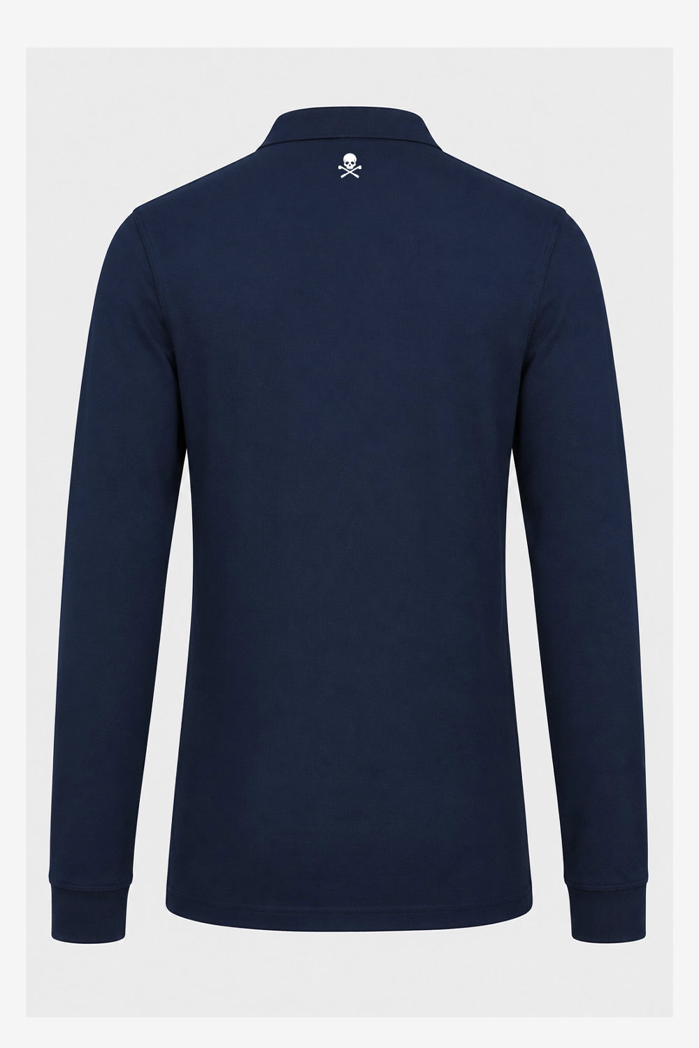 Polo de golf homme bleu marine manches longues, vue dos, motif crâne au col.