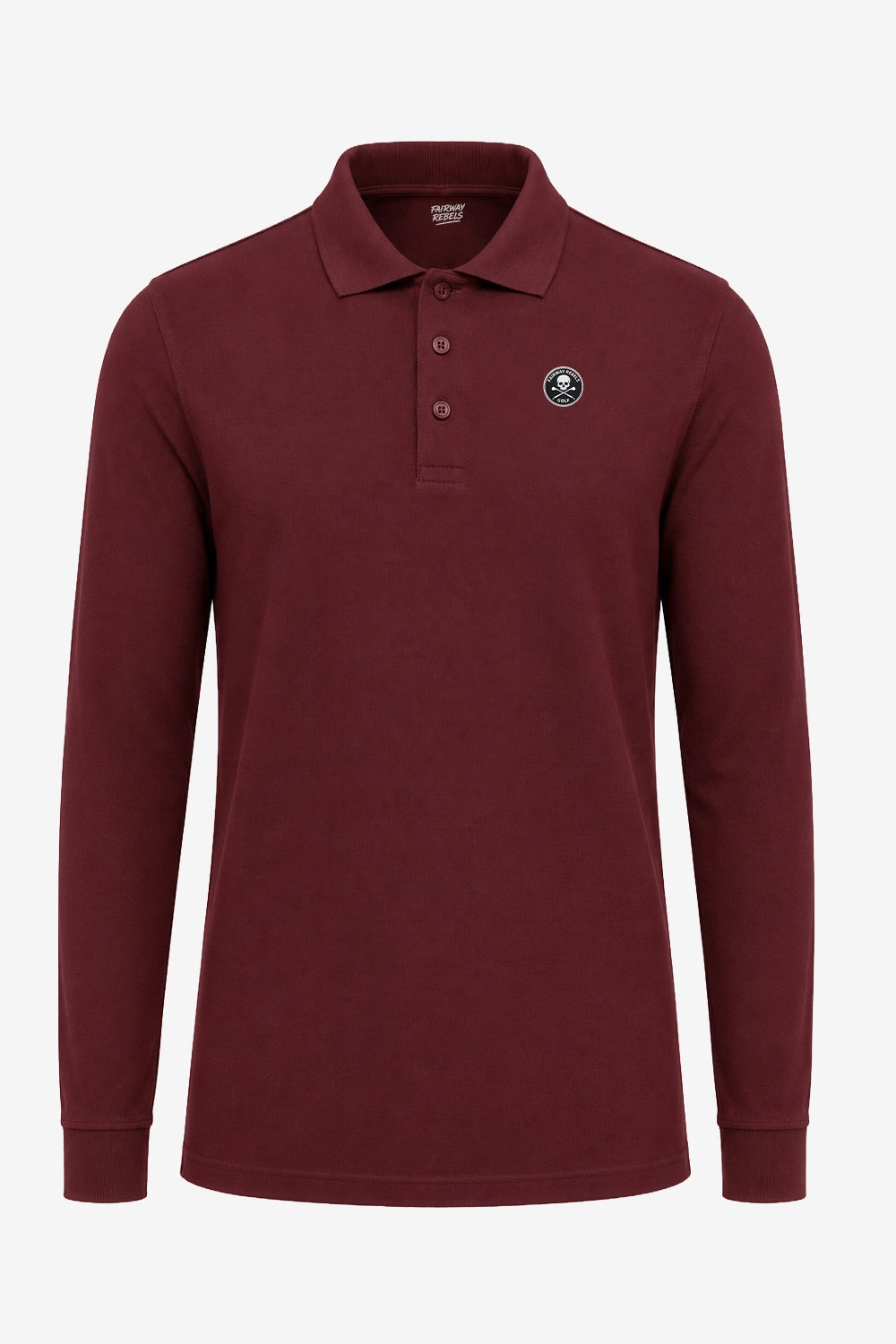 Polo manches longues en coton bordeaux, vue de face, écusson poitrine et col boutonné.