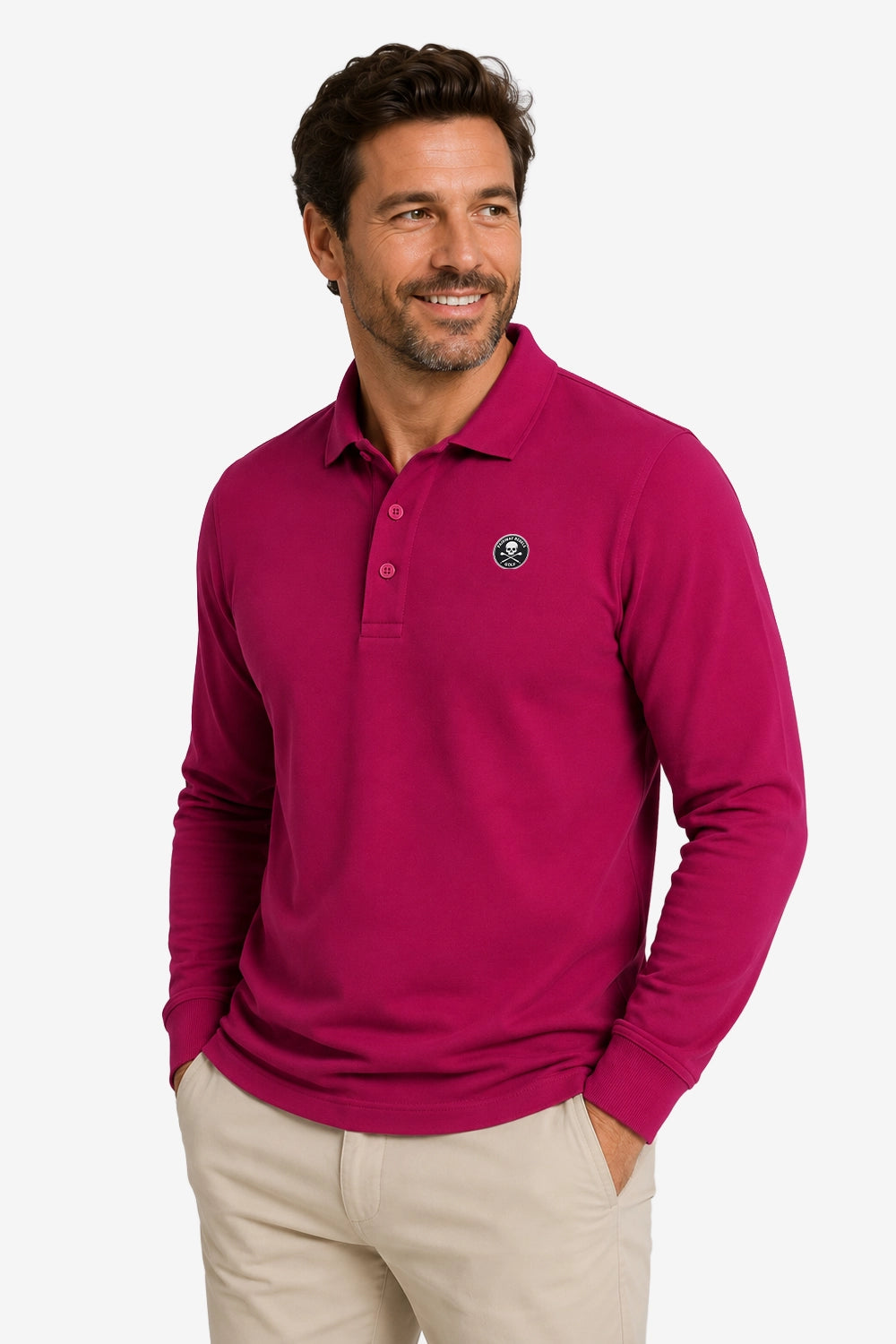 Polo de golf fuchsia manches longues en coton, vue de face.