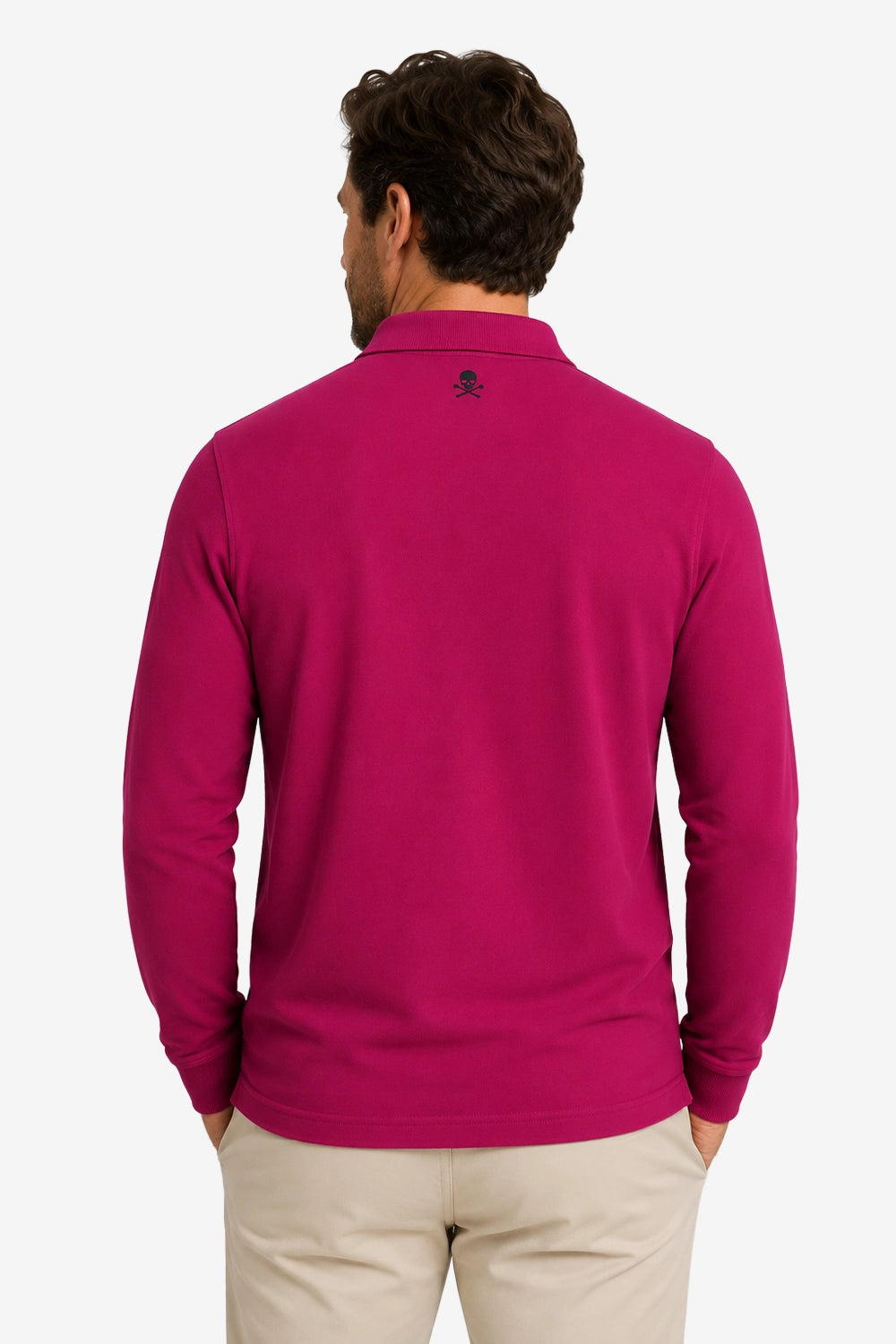 Polo de golf fuchsia manches longues en coton, vue de dos.