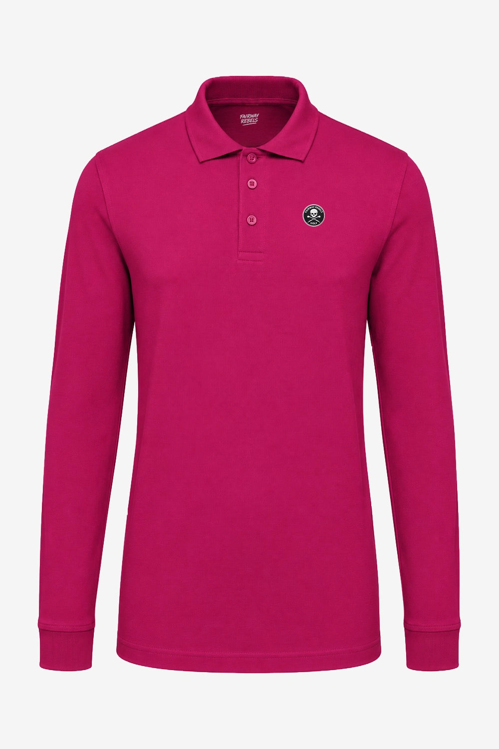 Polo de golf fuchsia manches longues en coton, col polo boutonné.