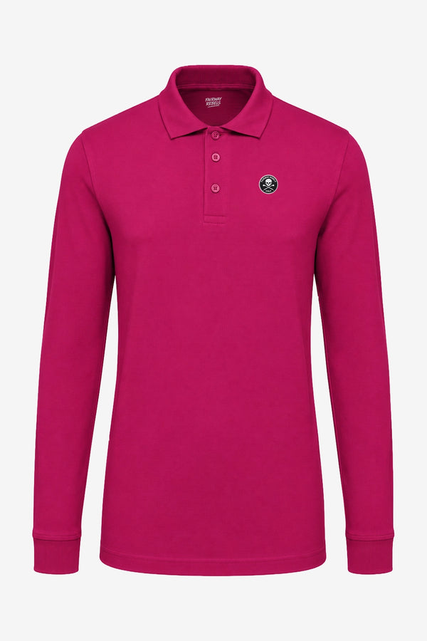 Polo de golf fuchsia manches longues en coton, col polo boutonné.