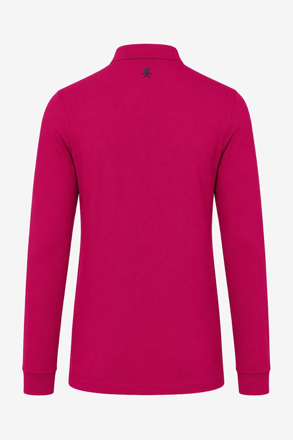 Polo de golf fuchsia manches longues en coton, dos en vue rapprochée.