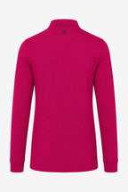 Polo de golf fuchsia manches longues en coton, dos en vue rapprochée.
