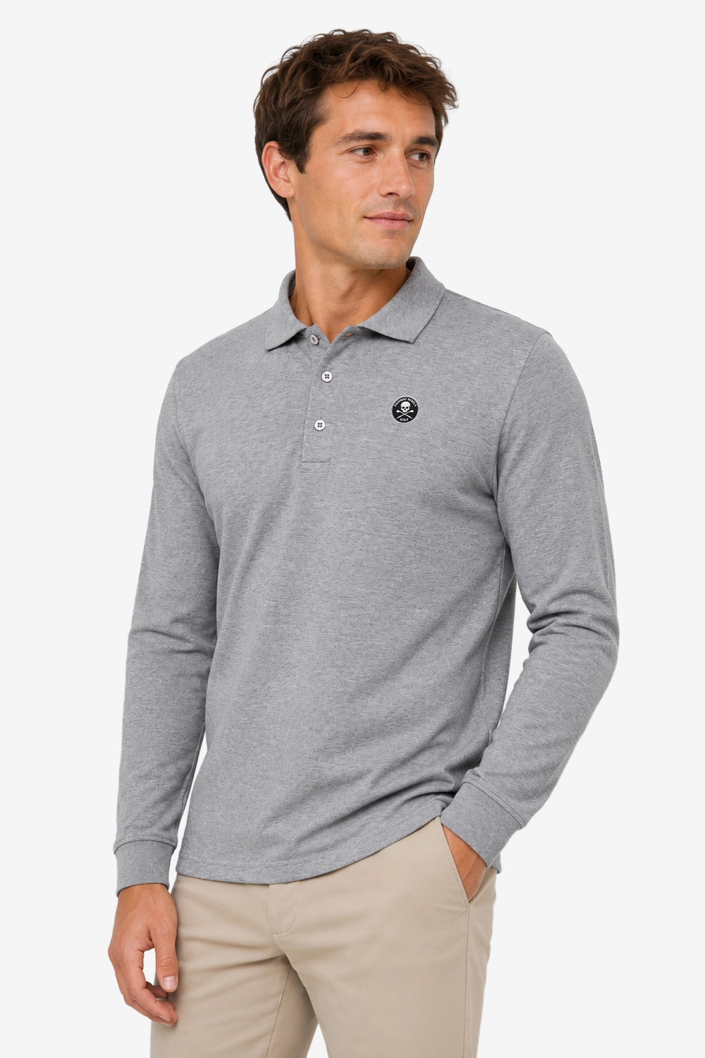 Polo de golf gris manches longues en coton, vue de face.