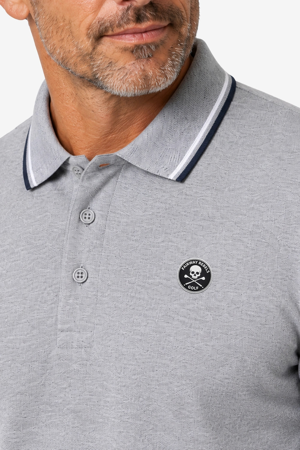 Polo manches longues coton gris clair, col contrasté et boutons, logo poitrine.