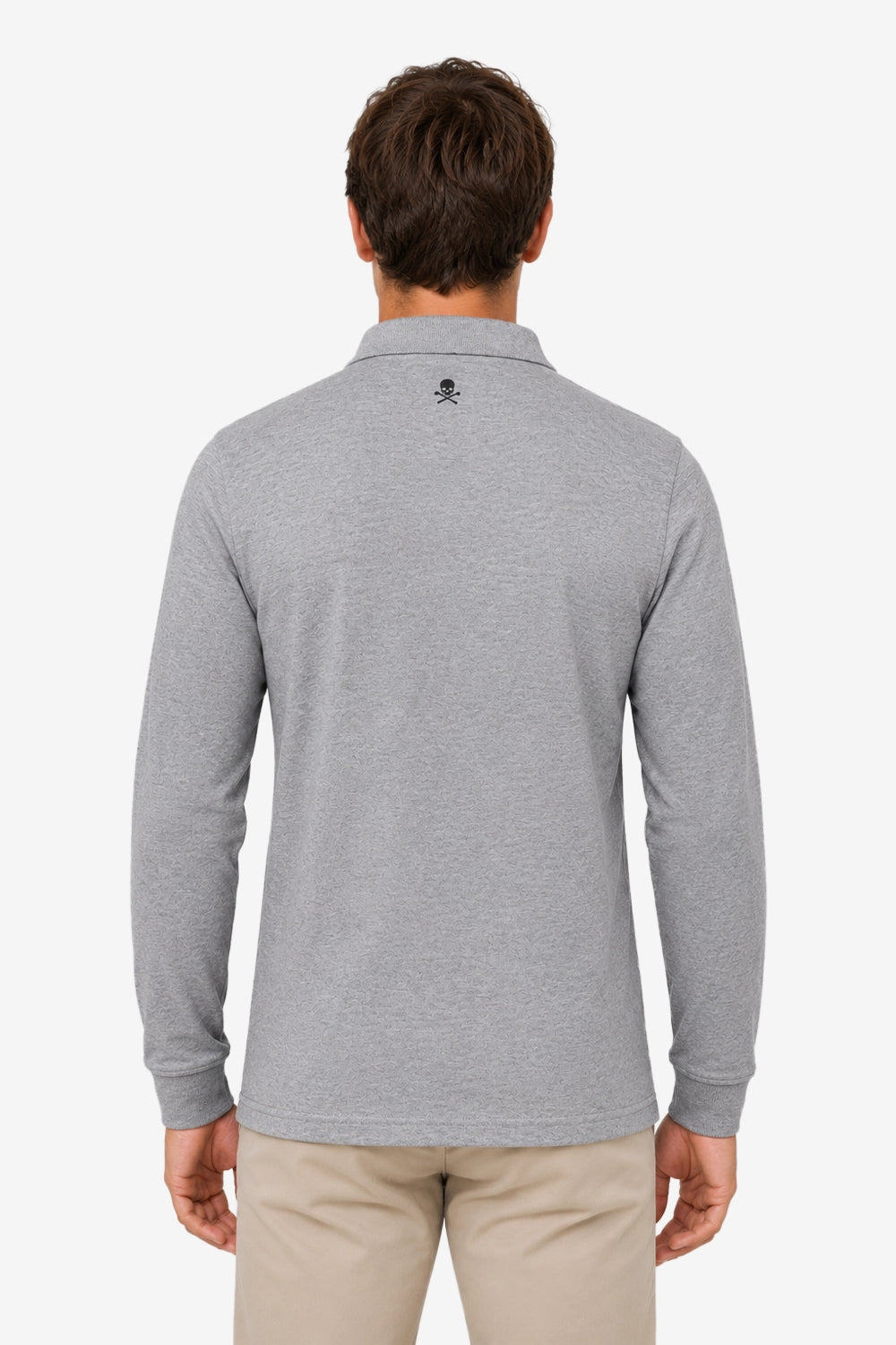 Polo homme manches longues en coton gris chiné, vue dos avec petit logo col.