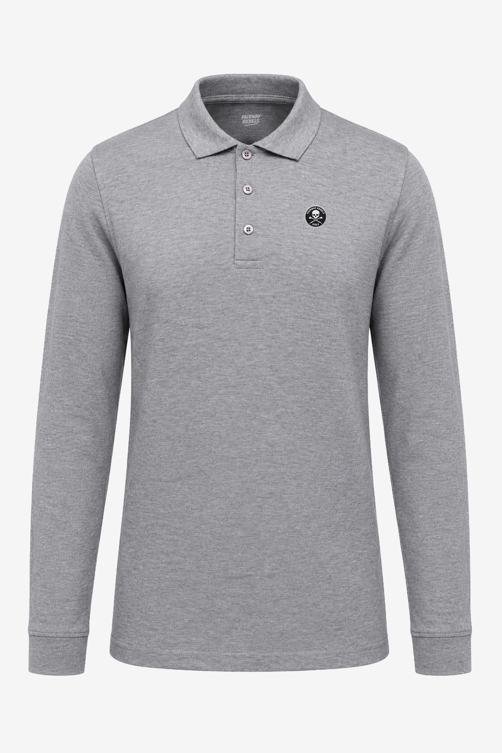 Polo homme manches longues en coton gris chiné, patte de boutons et logo poitrine.
