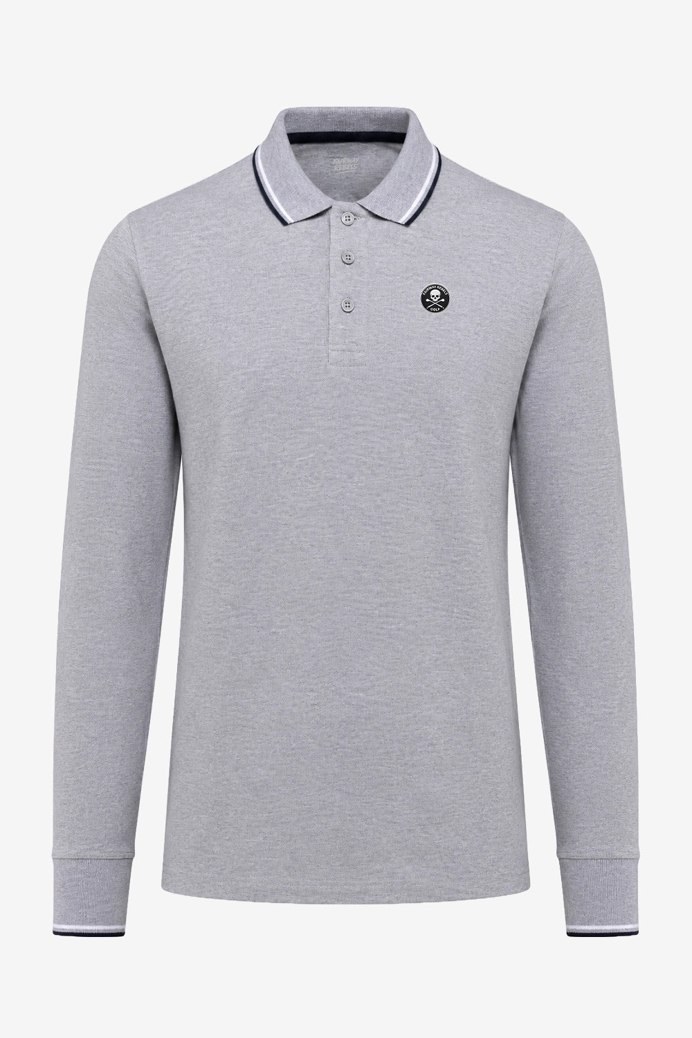 Polo manches longues en coton gris, col boutonné et patte de fermeture.