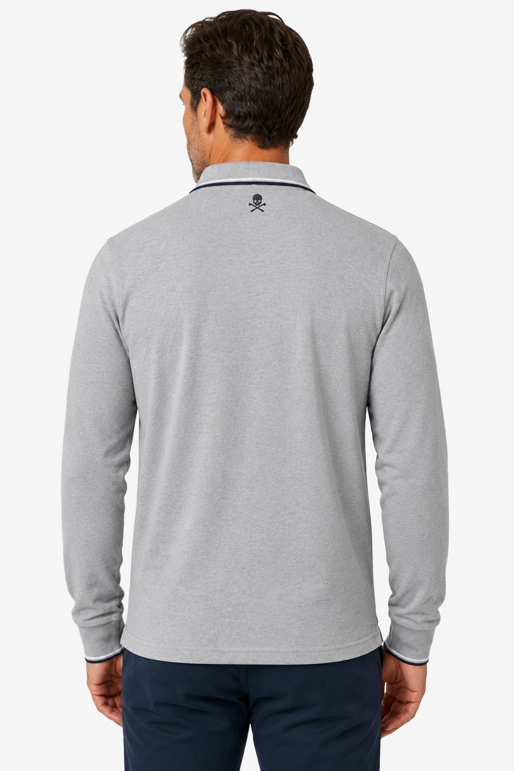 Polo manches longues coton gris clair, vue dos, col contrasté, logo dos.