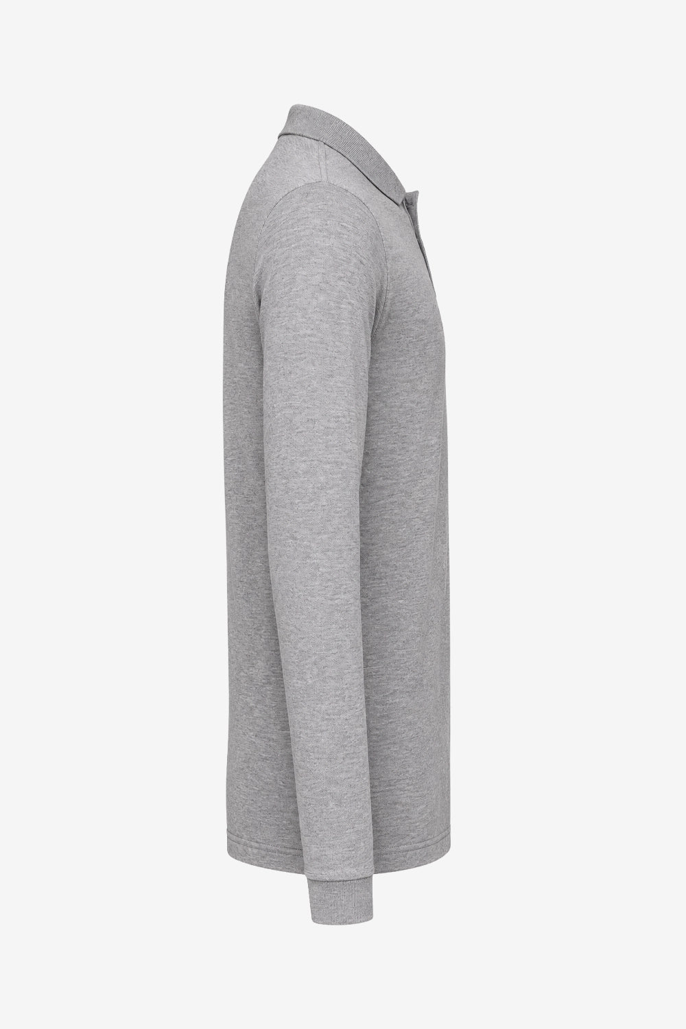 Polo homme manches longues en coton gris chiné, vue de côté, coupe régulière.