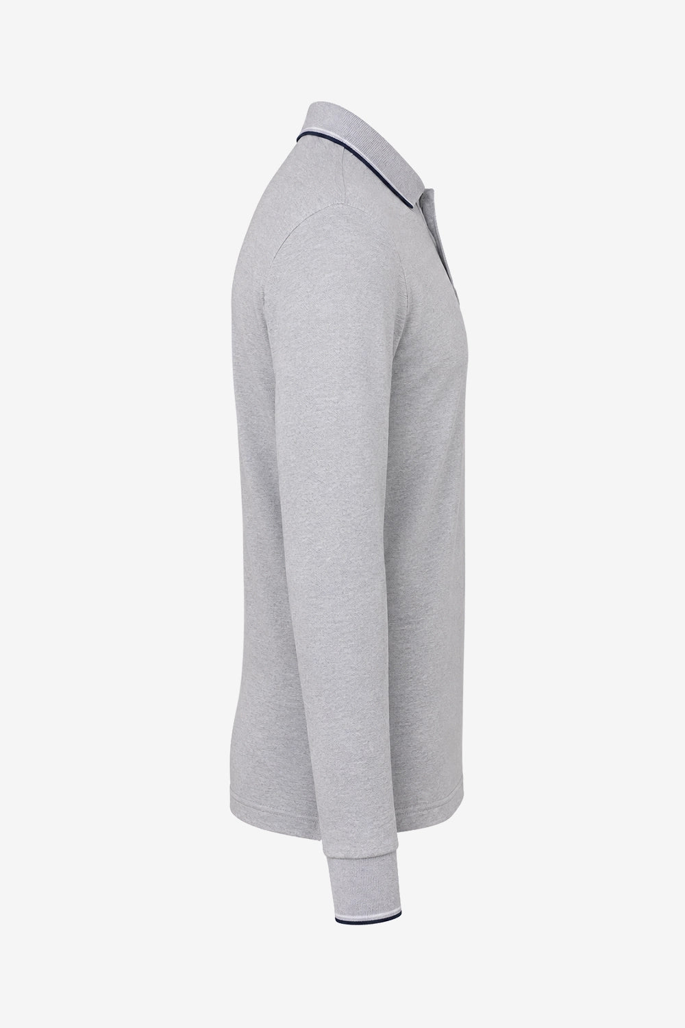 Polo manches longues coton gris clair, vue de côté, col et poignets contrastés.