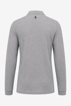 Polo homme manches longues en coton gris chiné, vue dos, col relevé boutonné.