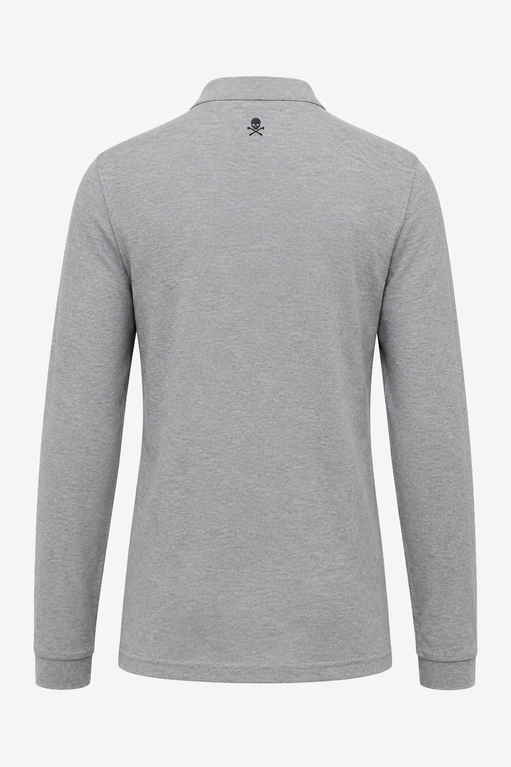 Polo homme manches longues en coton gris chiné, vue dos, col relevé boutonné.