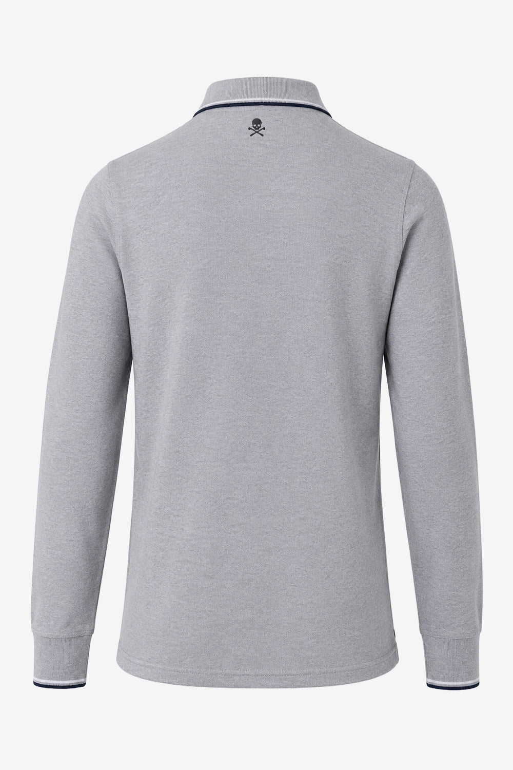 Polo manches longues coton gris clair, vue dos, col contrasté et bas de manches.
