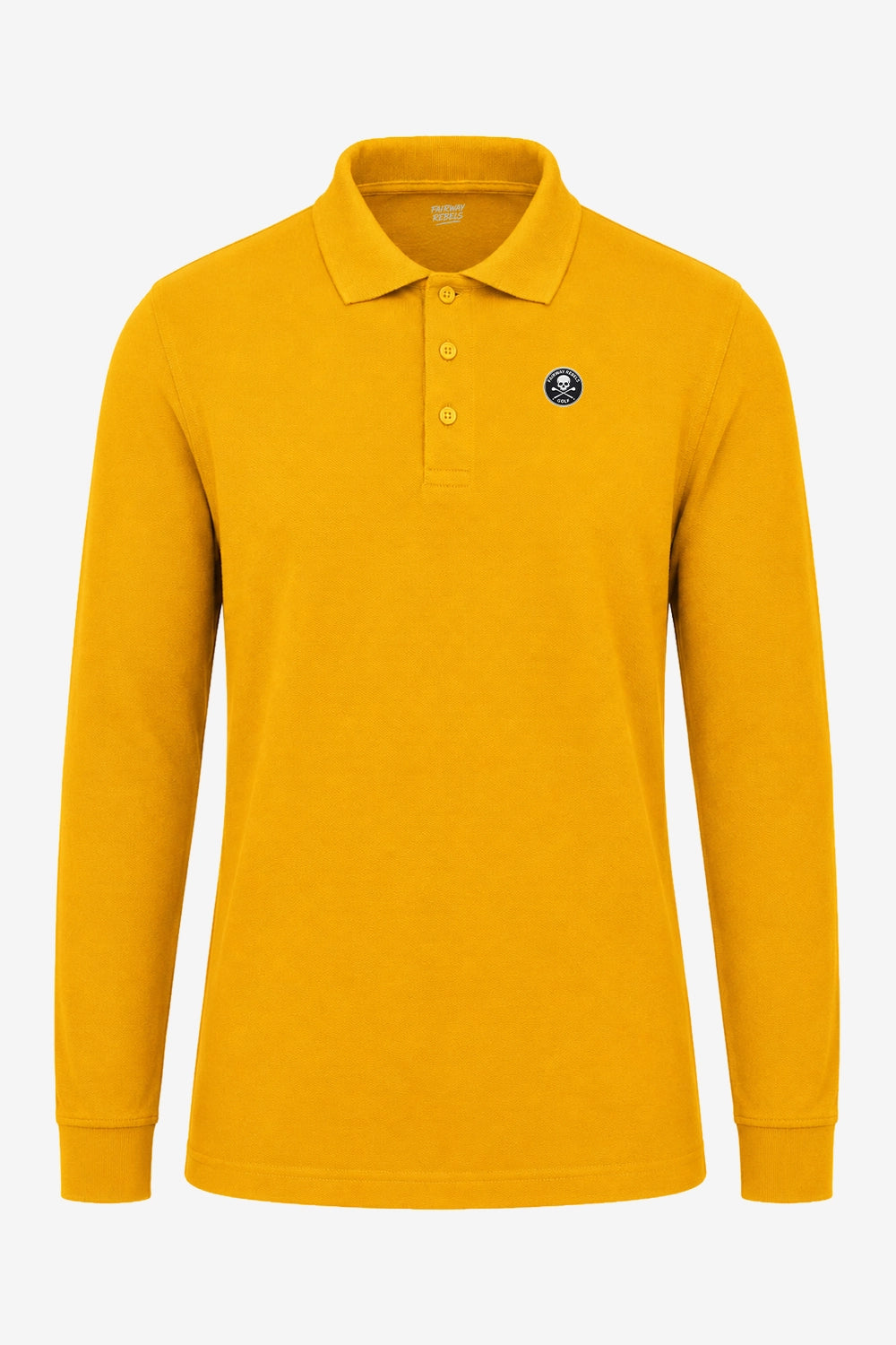 Polo manches longues en coton jaune, col polo boutonné, écusson poitrine