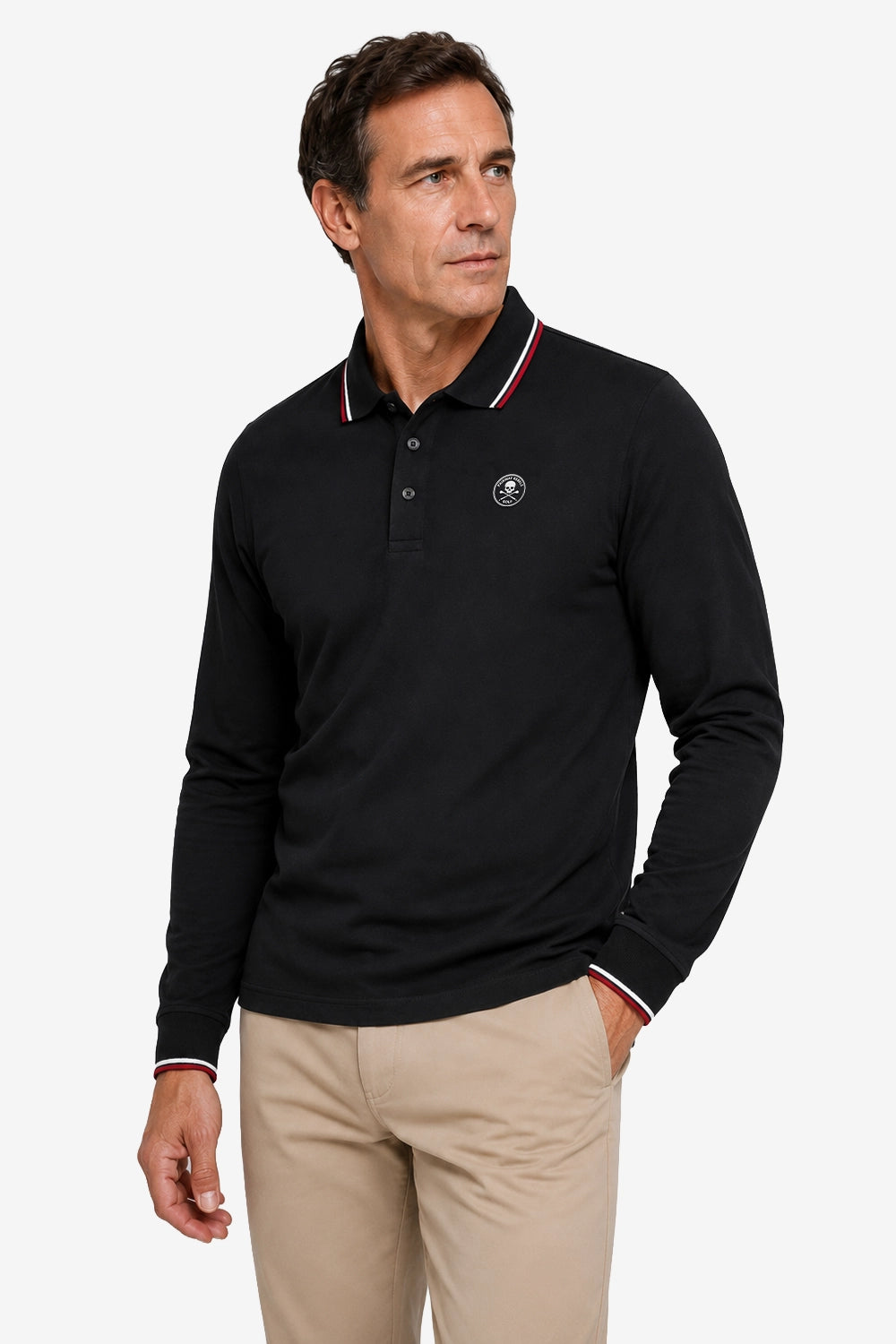 Polo manches longues noir, col à liserés rouge et blanc, logo poitrine.