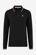 Polo manches longues noir en coton, col à liserés rouge et blanc, logo poitrine.