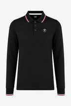 Polo manches longues noir en coton, col à liserés rouge et blanc, logo poitrine.