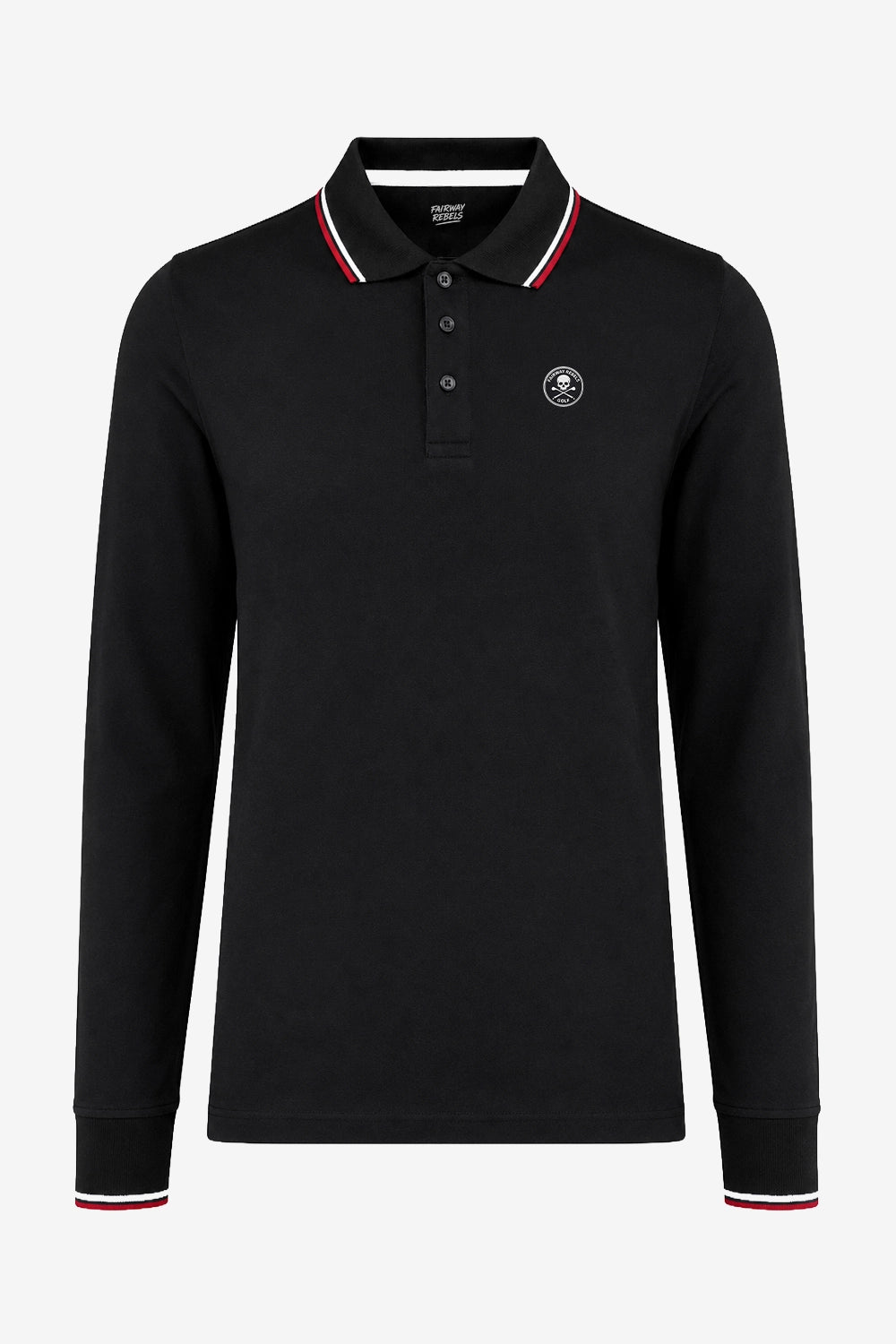 Polo manches longues noir en coton, col à liserés rouge et blanc, logo poitrine.