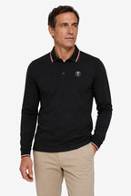 Polo manches longues noir, col à liserés rouge et blanc, logo poitrine.