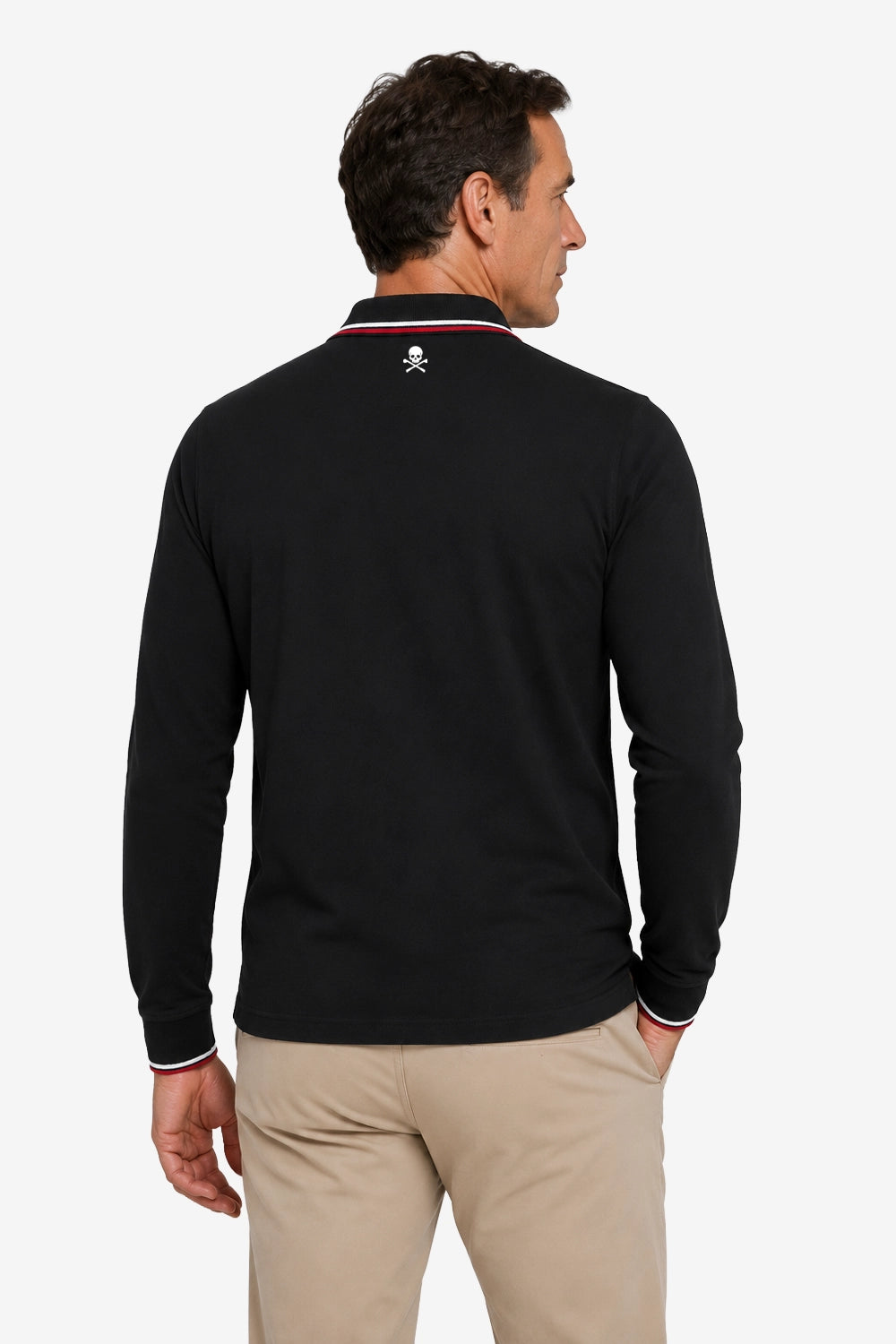 Polo manches longues noir, vue dos, col à liserés rouge et blanc.