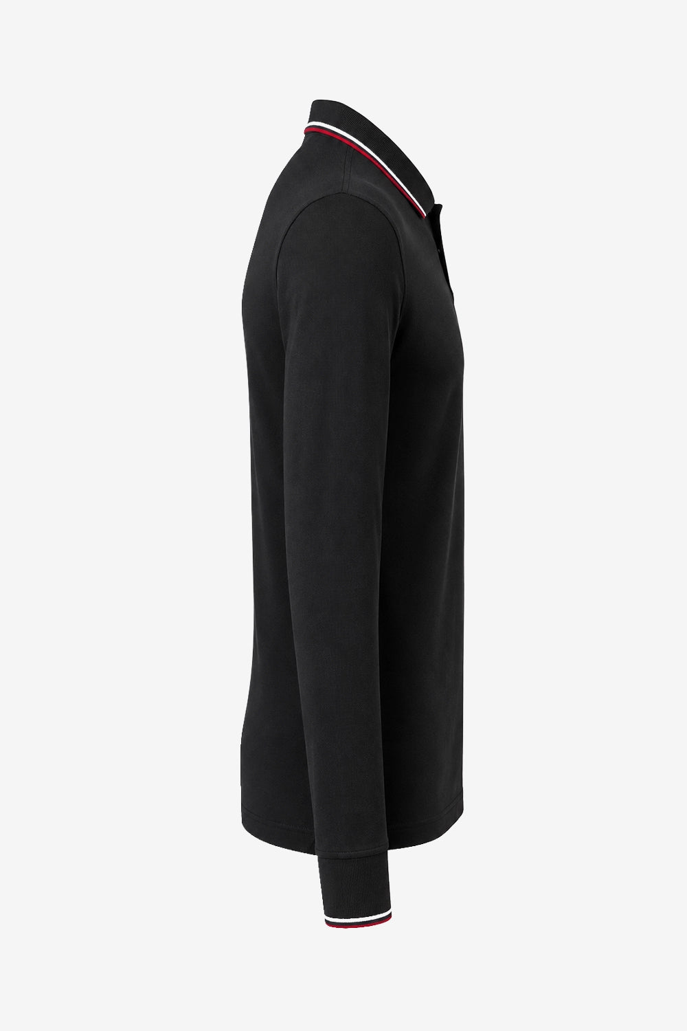 Polo manches longues noir, vue de profil, poignets à liseré rouge et blanc.