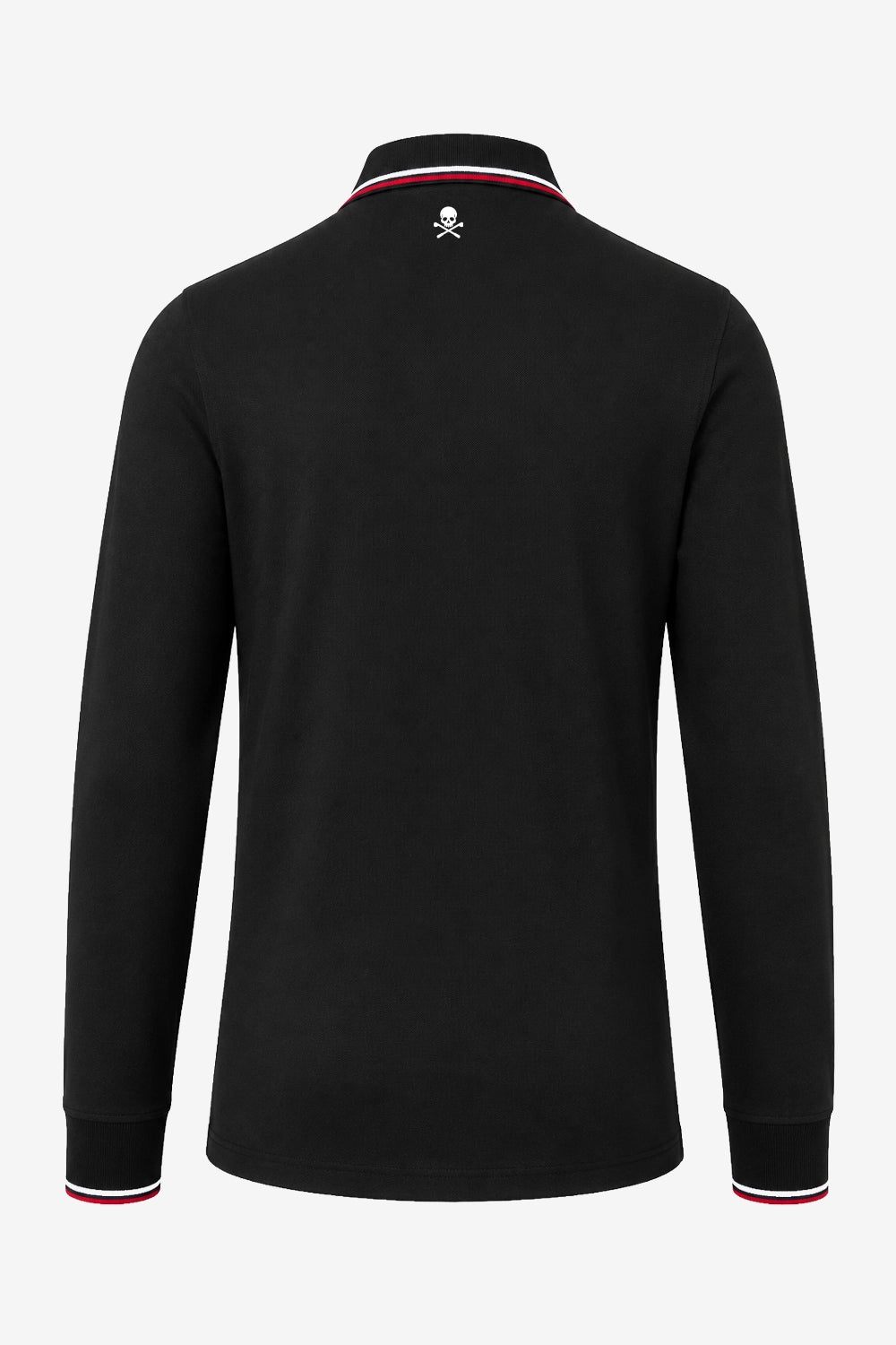 Polo manches longues noir, vue dos intégrale, col à liserés rouge et blanc.