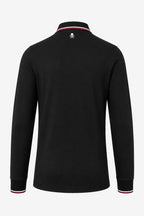 Polo manches longues noir, vue dos intégrale, col à liserés rouge et blanc.