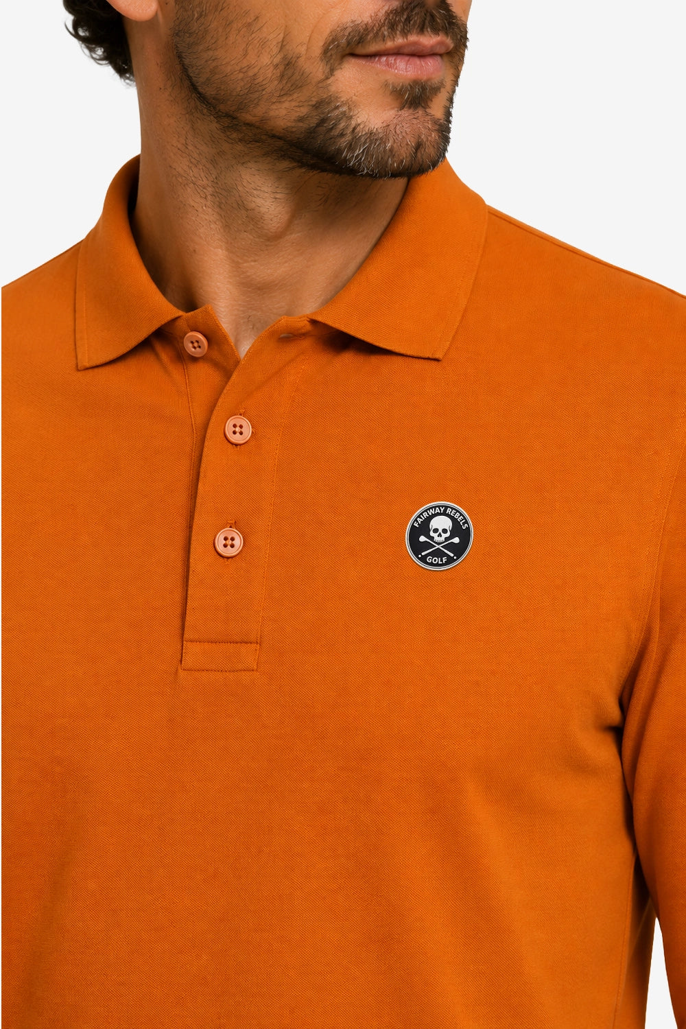 Polo manches longues en coton orange, col boutonné et logo poitrine