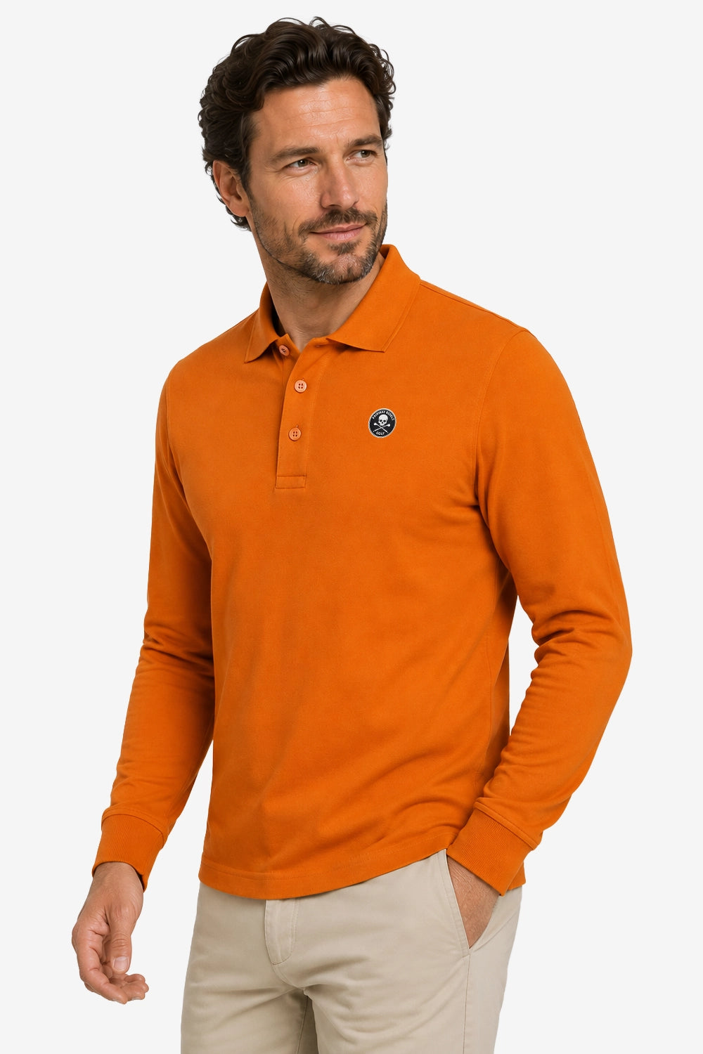 Polo manches longues en coton orange, col polo et écusson poitrine
