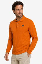 Polo manches longues en coton orange, col polo et écusson poitrine