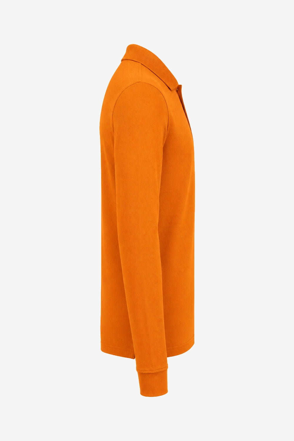 Polo manches longues en coton orange, vue de profil avec manches longues