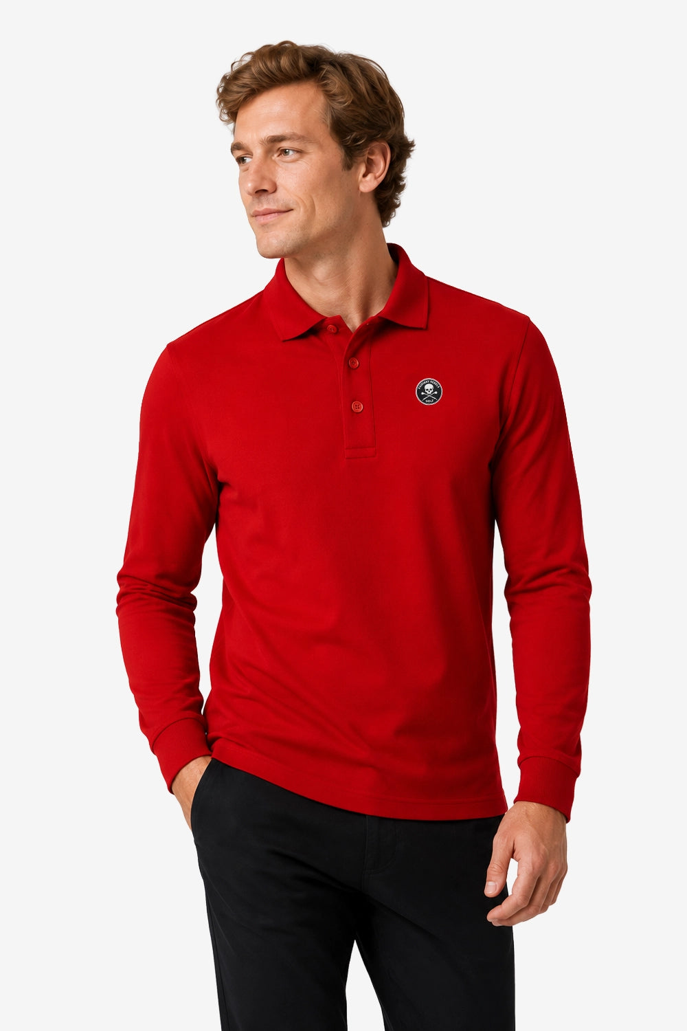 Polo manches longues en coton rouge, col boutonné et logo poitrine discret.