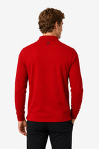 Polo manches longues en coton rouge, vue dos avec col et petit logo.