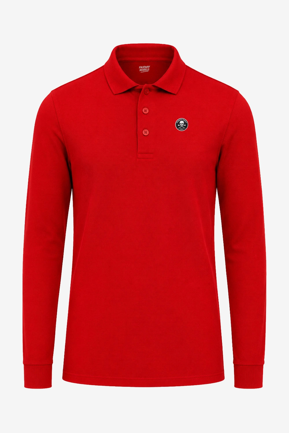 Polo manches longues en coton rouge, col polo boutonné et écusson sur la poitrine.