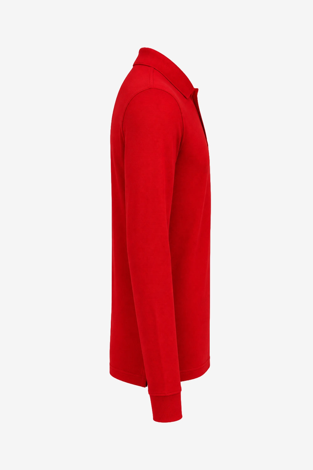 Polo manches longues en coton rouge, vue de profil avec coutures et col polo.