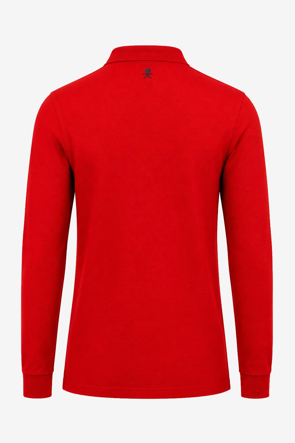 Polo manches longues en coton rouge, vue dos avec col et petit logo en haut.