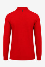 Polo manches longues en coton rouge, vue dos avec col et petit logo en haut.