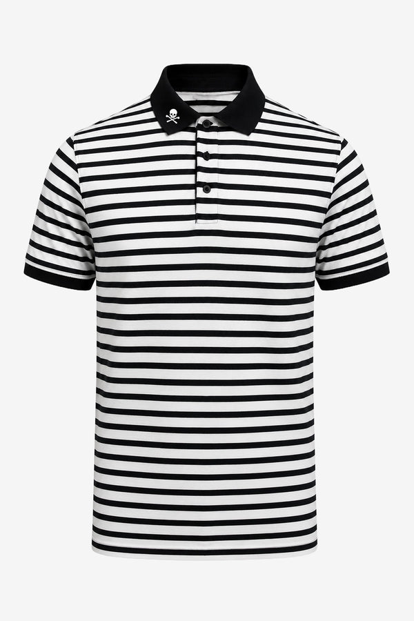 Polo homme à rayures noir et blanc, col boutonné noir, motif crâne sur la patte.