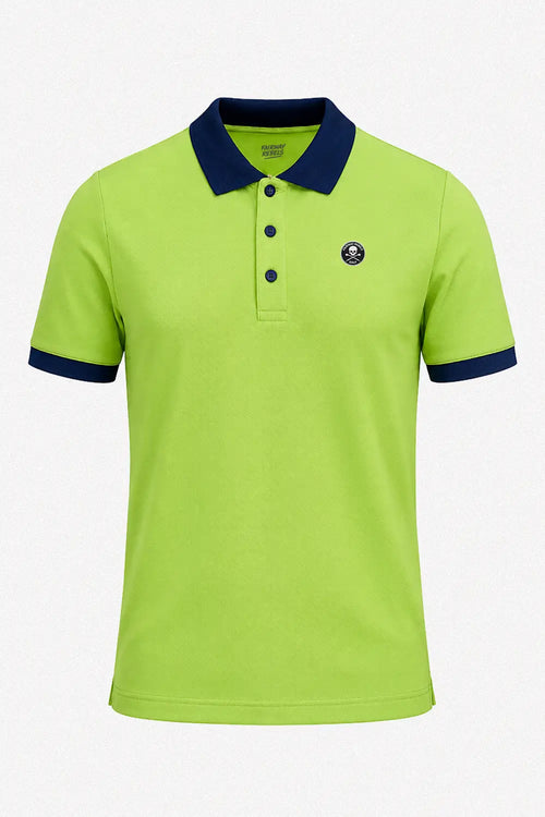 Polo homme vert clair, col bleu marine, manches courtes à liserés, logo poitrine